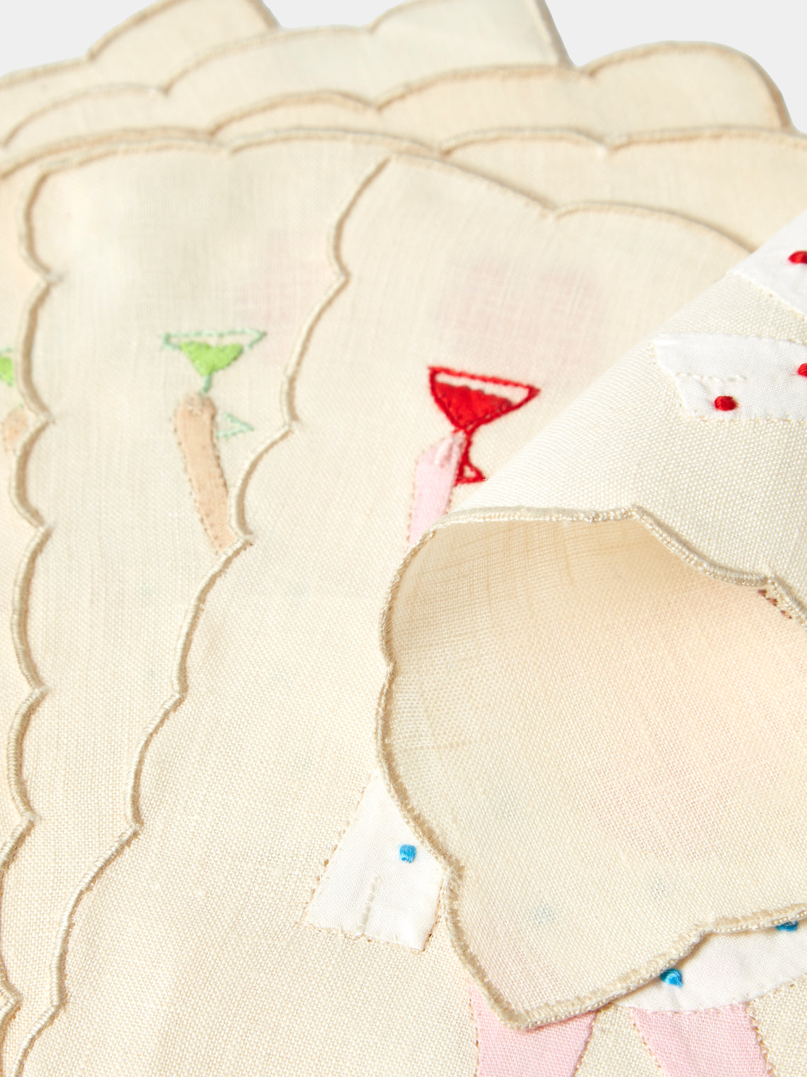 Taf Firenze - | Set of 6 | "Chin Chin" Hand-Appliquéd Linen Cocktail Napkins - Cream - ABASK