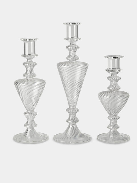 Alya Tannous - | Set of 3 | Ondara Hand-Blown Glass Candlesticks - Clear - ABASK