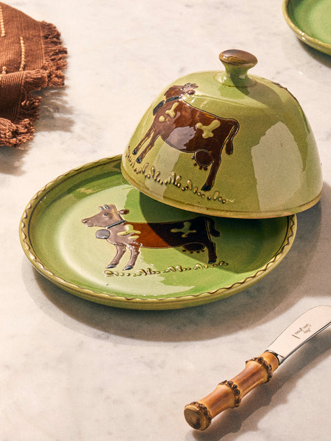 Poterie d’Évires - Cows Hand-Painted Ceramic Large Lidded Butter Dish - Green - ABASK