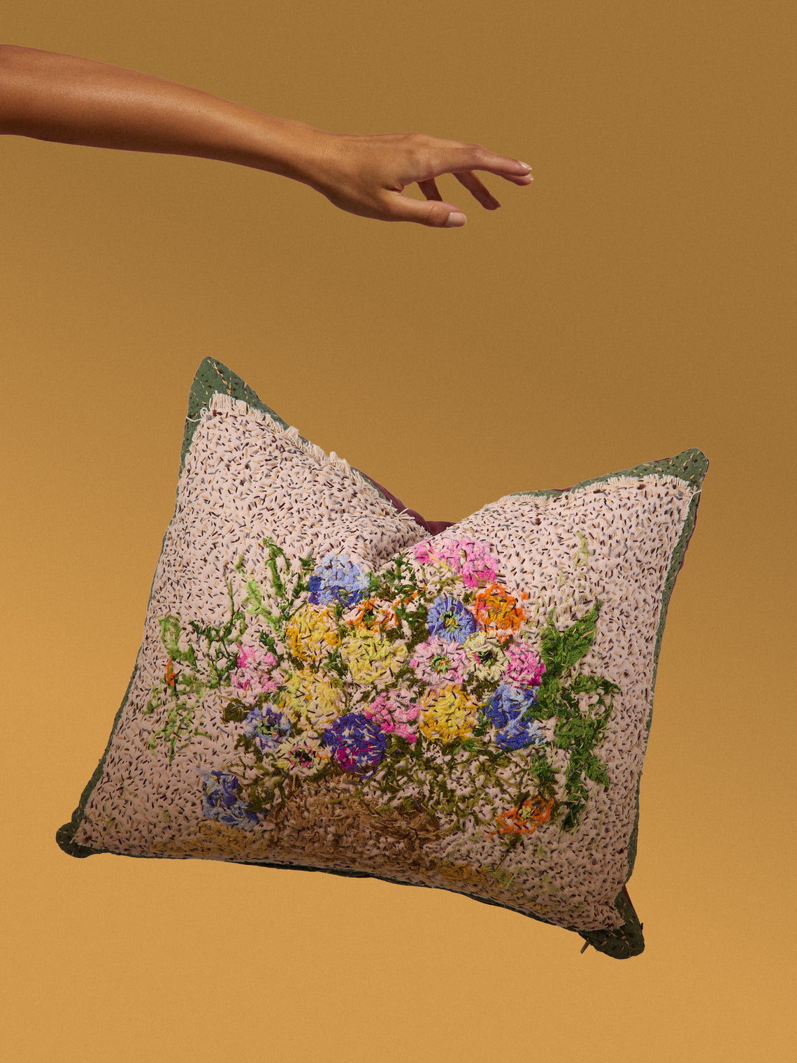 By Walid - 19th-Century Victorian Needlepoint Wool and Damask Cushion (20in/51cm) - Multiple - ABASK