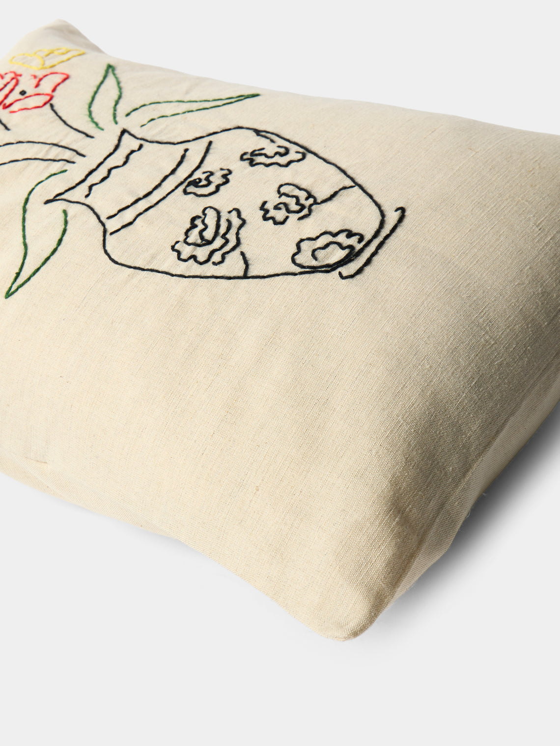 Oeuvres Sensibles - Vase Hand-Embroidered Cotton and Hemp Cushion (15.5in/40cm) - Cream - ABASK