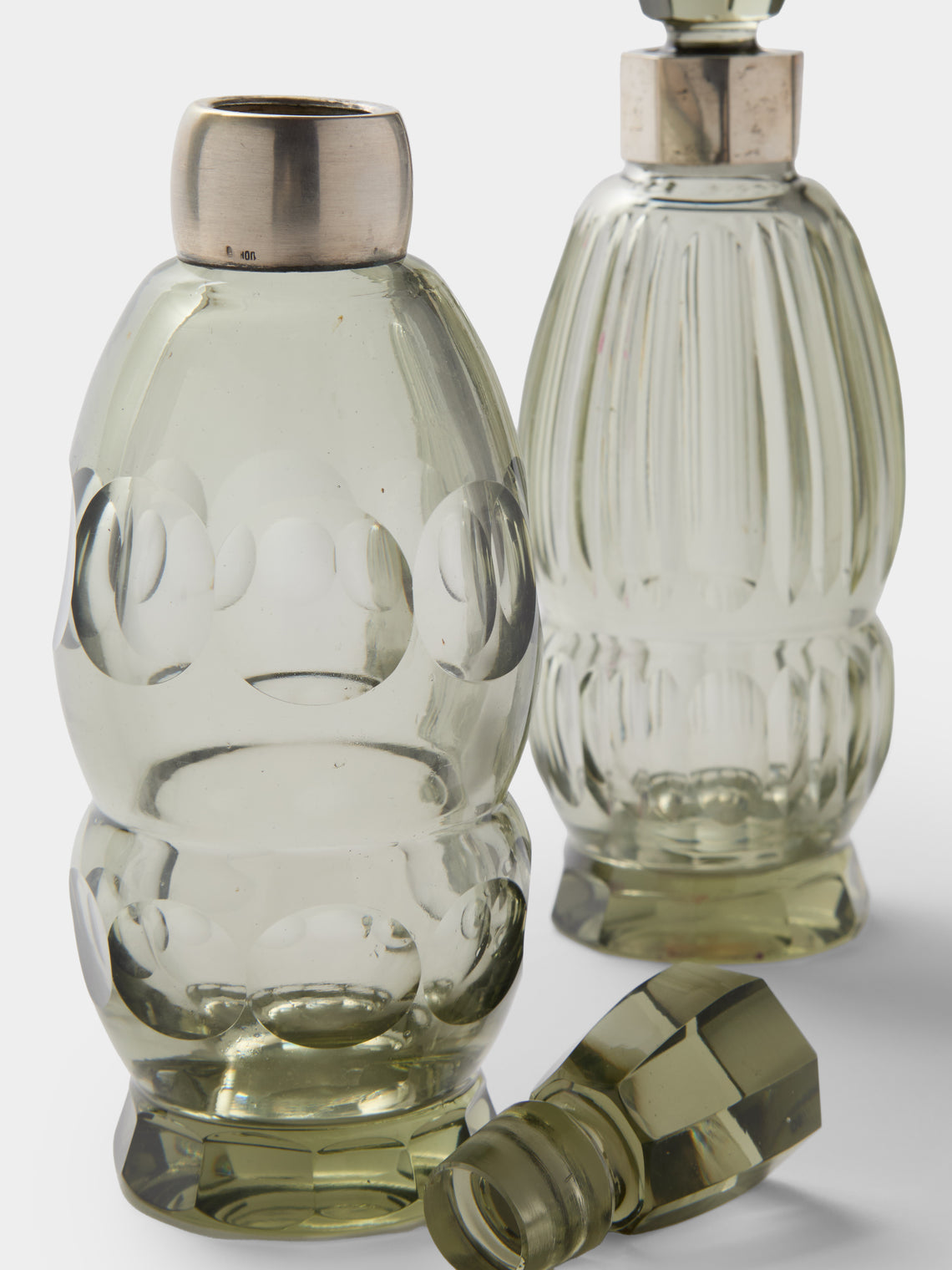 Antique and Vintage - 1930s Art Deco Crystal and Solid Silver Decanters (Set of 2) - Green - ABASK