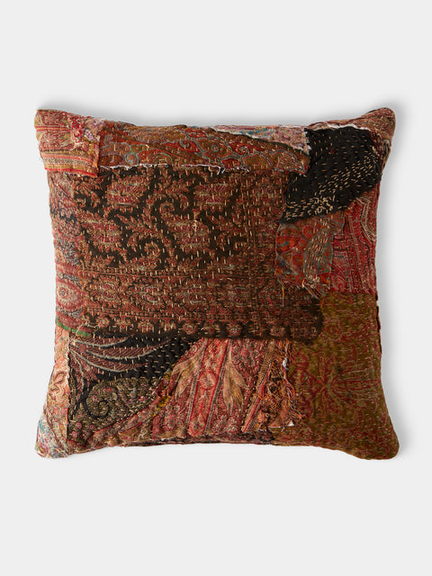 By Walid - 19th-Century Paisley Patchwork Wool and Damask Cushion (17.5in/45cm) - Multiple - ABASK - 