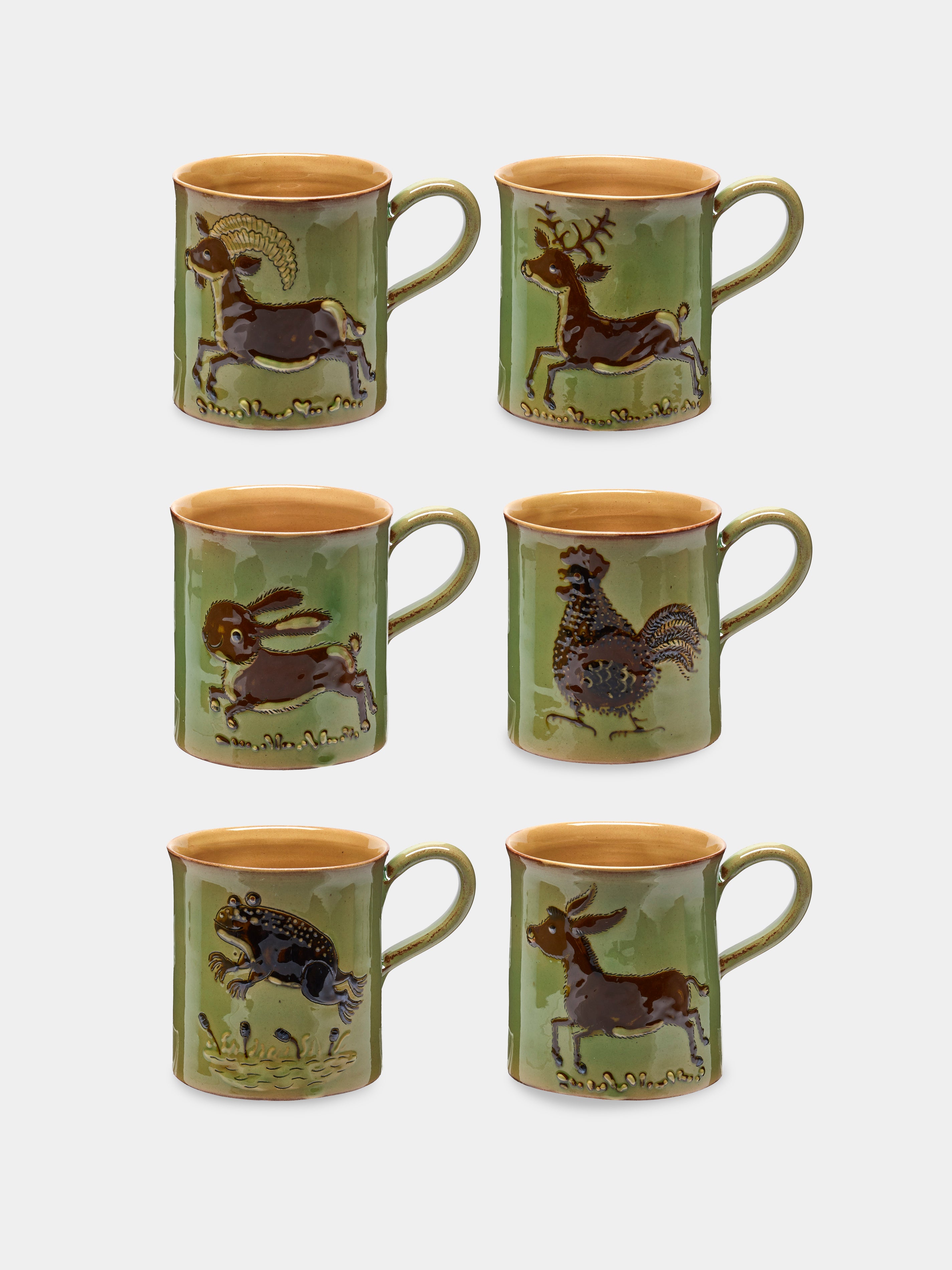 Animals Hand-Painted Ceramic Mugs (Set of 6)