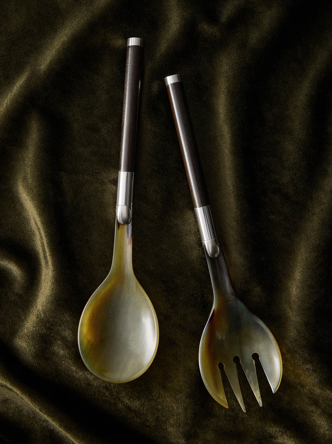 San Lorenzo - 1981 Afra and Tobia Scarpa Sterling Silver, Ebony and Horn Salad Servers (Set of 2) - Silver - ABASK