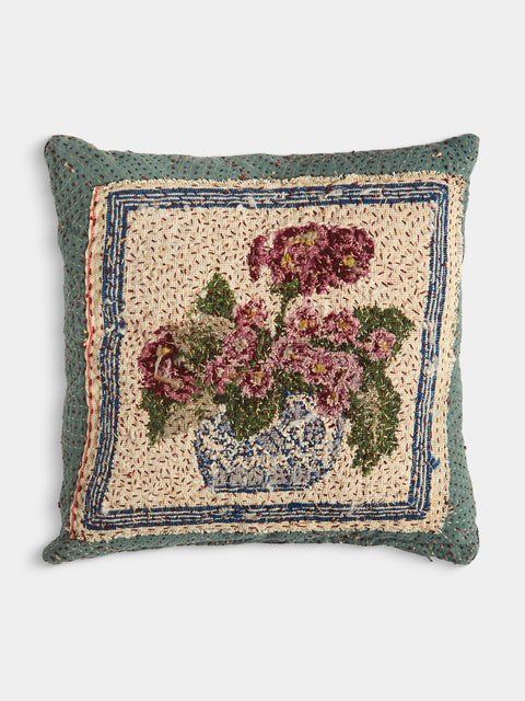 By Walid - 19th-Century English Needlepoint Wool and Linen Cushion (17.5in/45cm) - Blue - ABASK - 