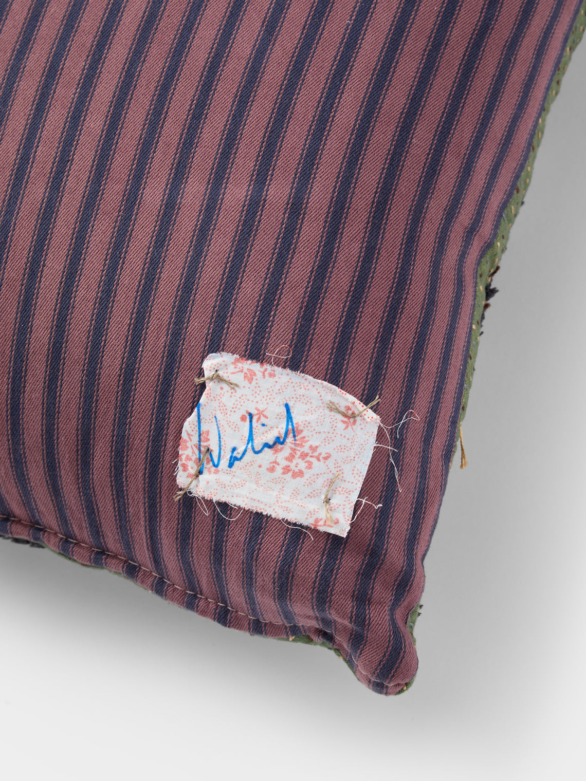 By Walid - 1920s French Needlepoint Wool and Ticking Fabric Cushion (19in/48cm) - Multiple - ABASK