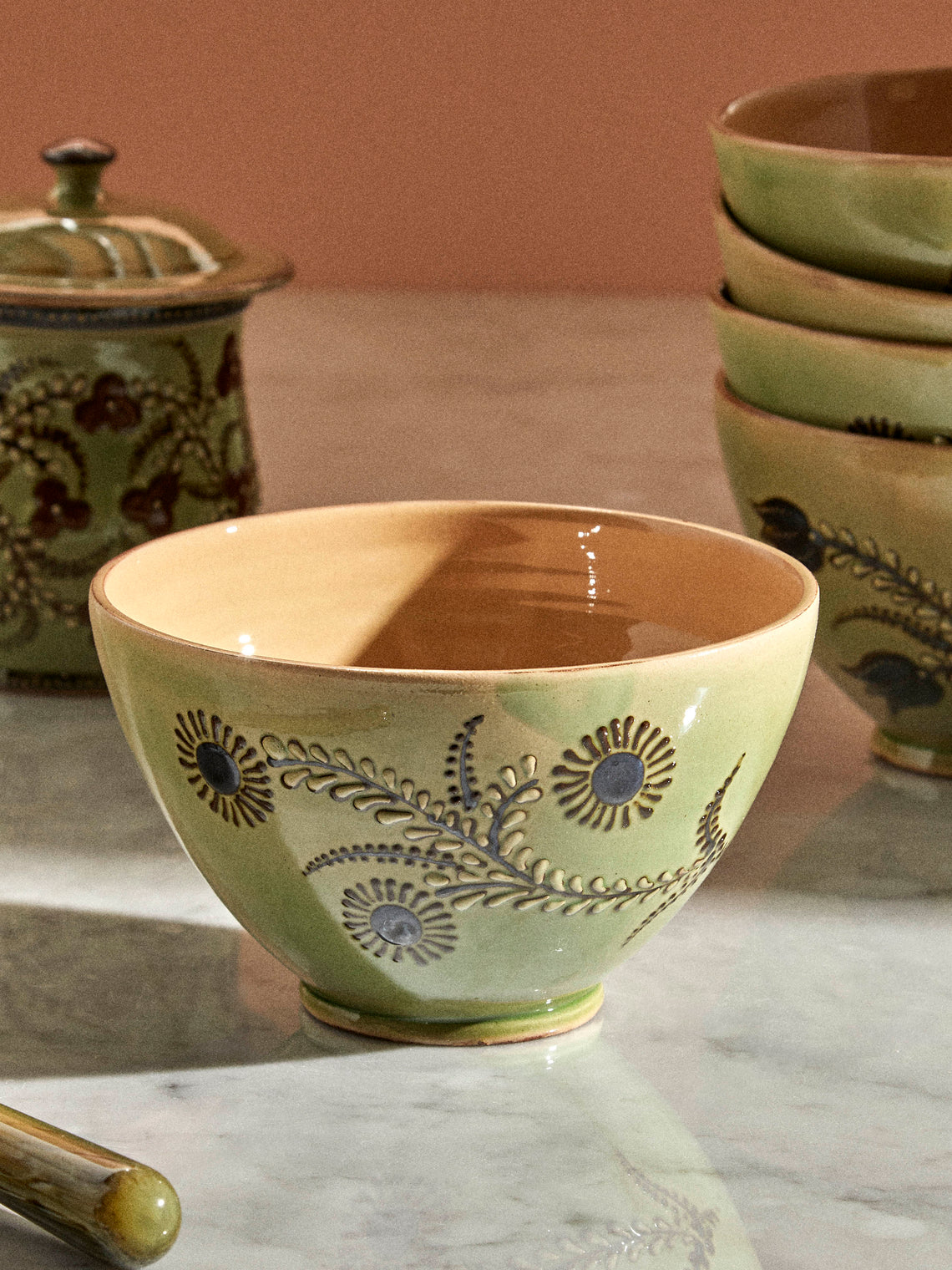 Poterie d’Évires - Flowers Hand-Painted Ceramic Bowls (Set of 6) - Green - ABASK