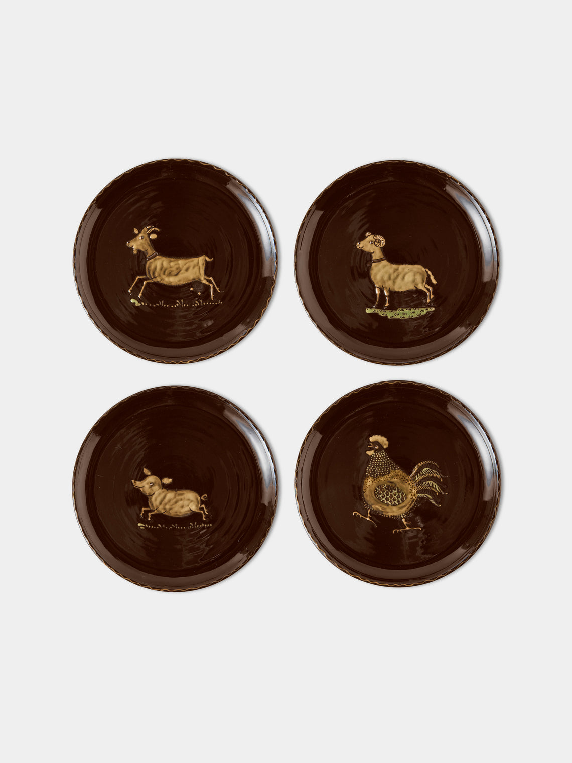Poterie d’Évires - Animals Hand-Painted Ceramic Dinner Plates – 9.5in/24cm (Set of 4) - Dark Brown - ABASK - 