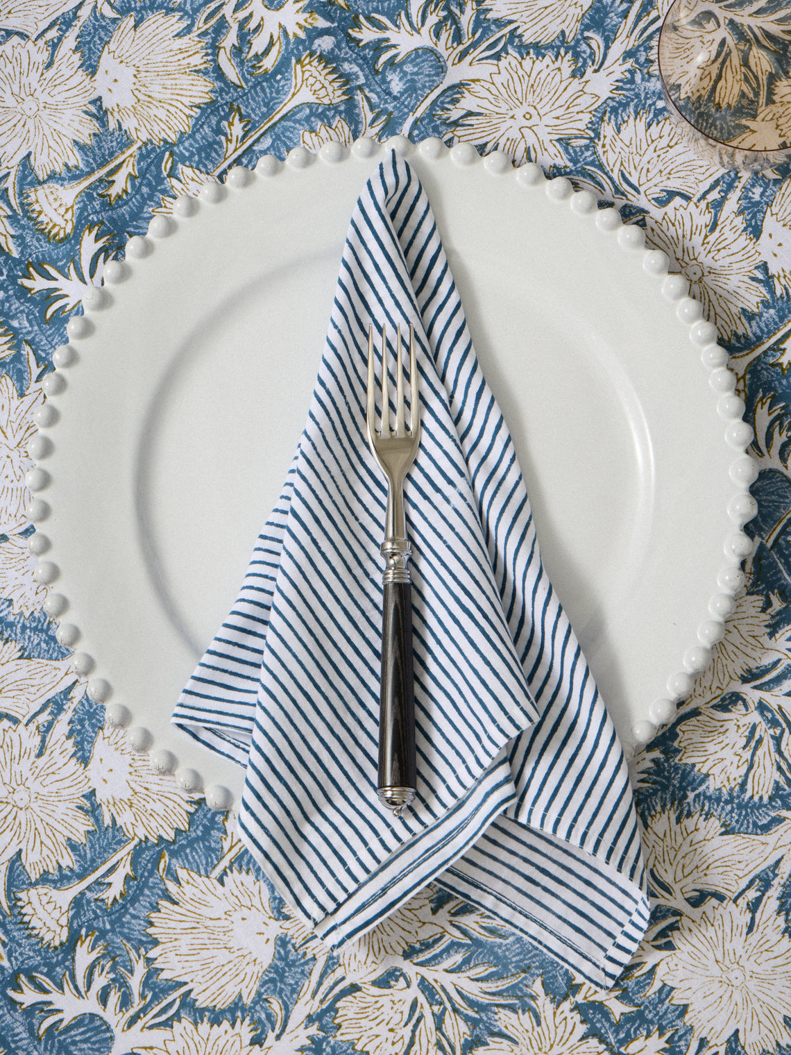 Chamois - | Set of 8 | Stripe Block-Printed Cotton Napkins - Blue - ABASK