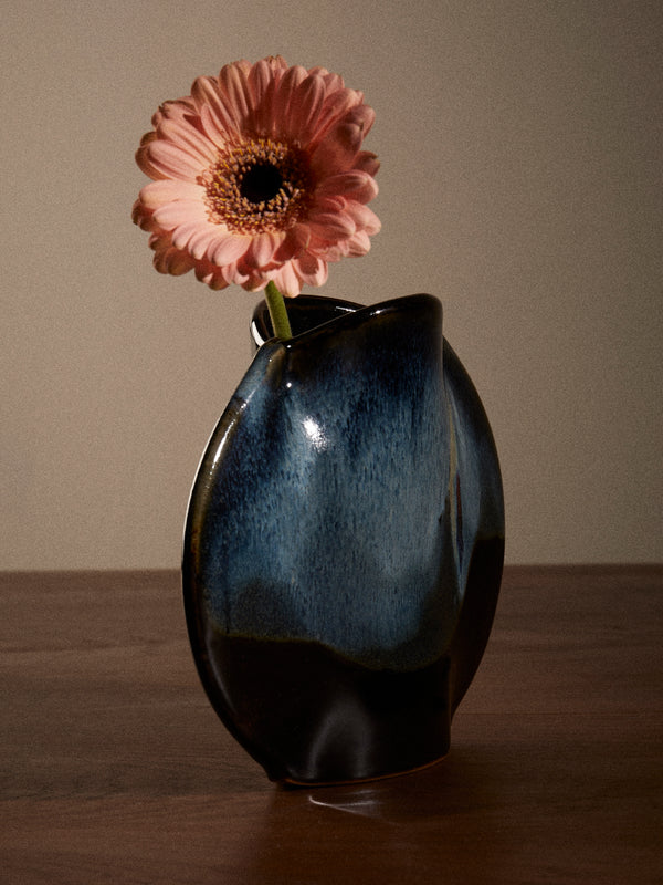 Antique and Vintage - 1950s French Ceramic Vase (7.5in/19.5cm) - Blue - ABASK