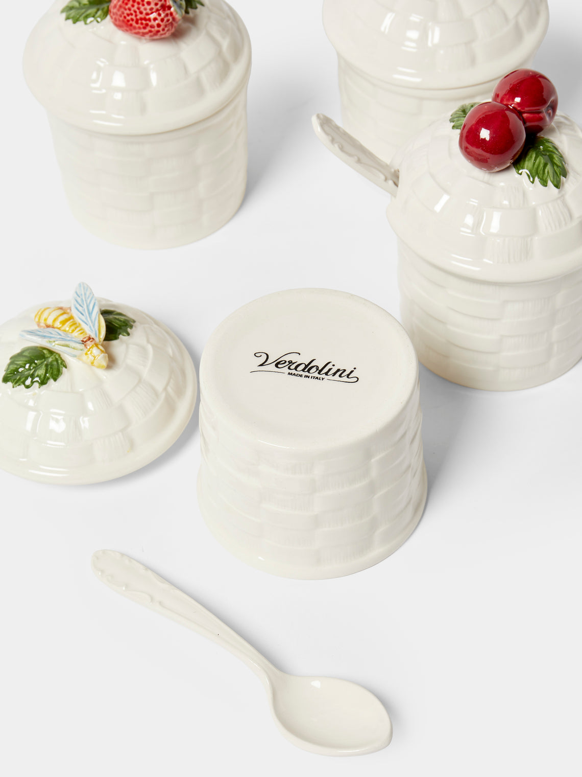 Verdolini - Hand-Painted Majolica Ceramic Jam and Honey Jars (Set of 4) - White - ABASK