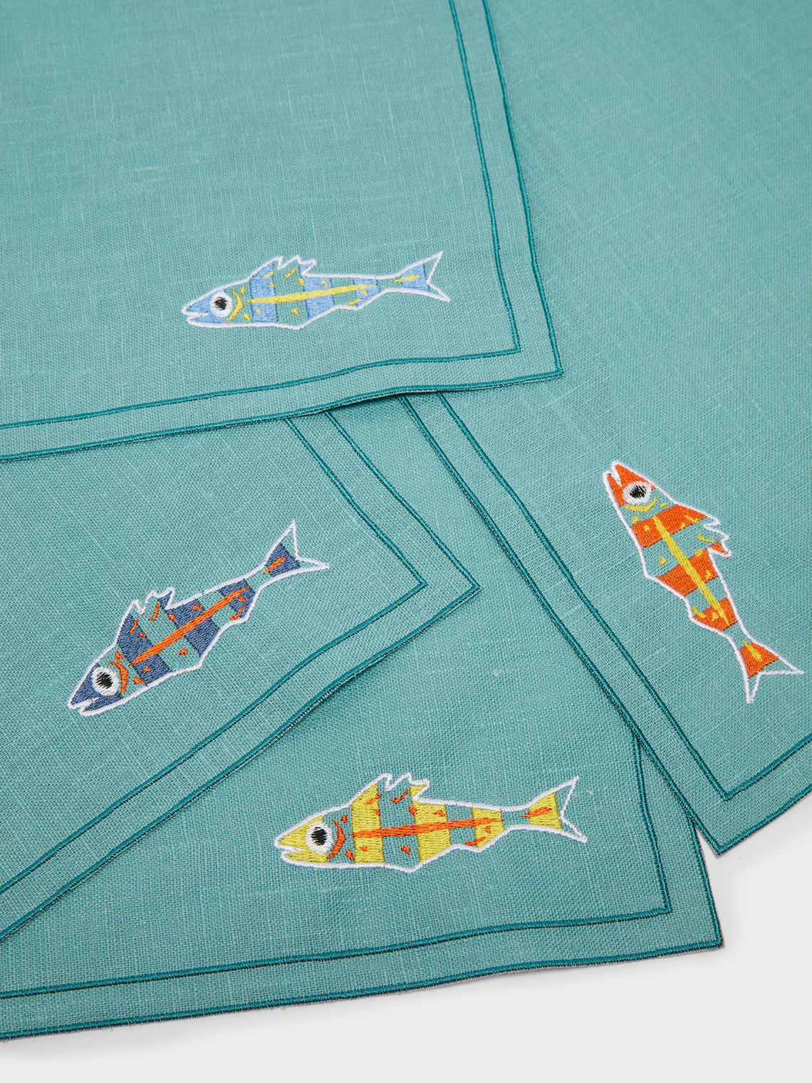La Gallina Matta - Sardines Embroidered Linen Placemats (Set of 4) -  - ABASK
