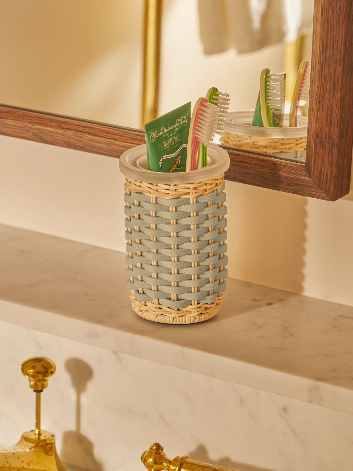 Giobagnara - Calais Leather and Rattan Toothbrush Holder - Light green - ABASK