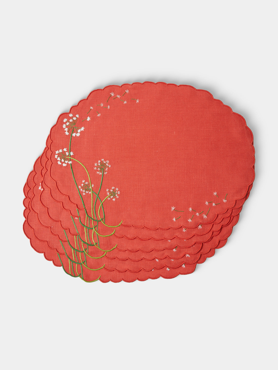 Taf Firenze - | Set of 6 | Floral Hand-Embroidered Linen Placemats and Napkins - Red - ABASK