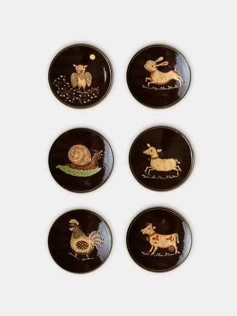 Poterie d’Évires - Animals Hand-Painted Ceramic Small Raised Plates (Set of 6) - Dark brown - ABASK