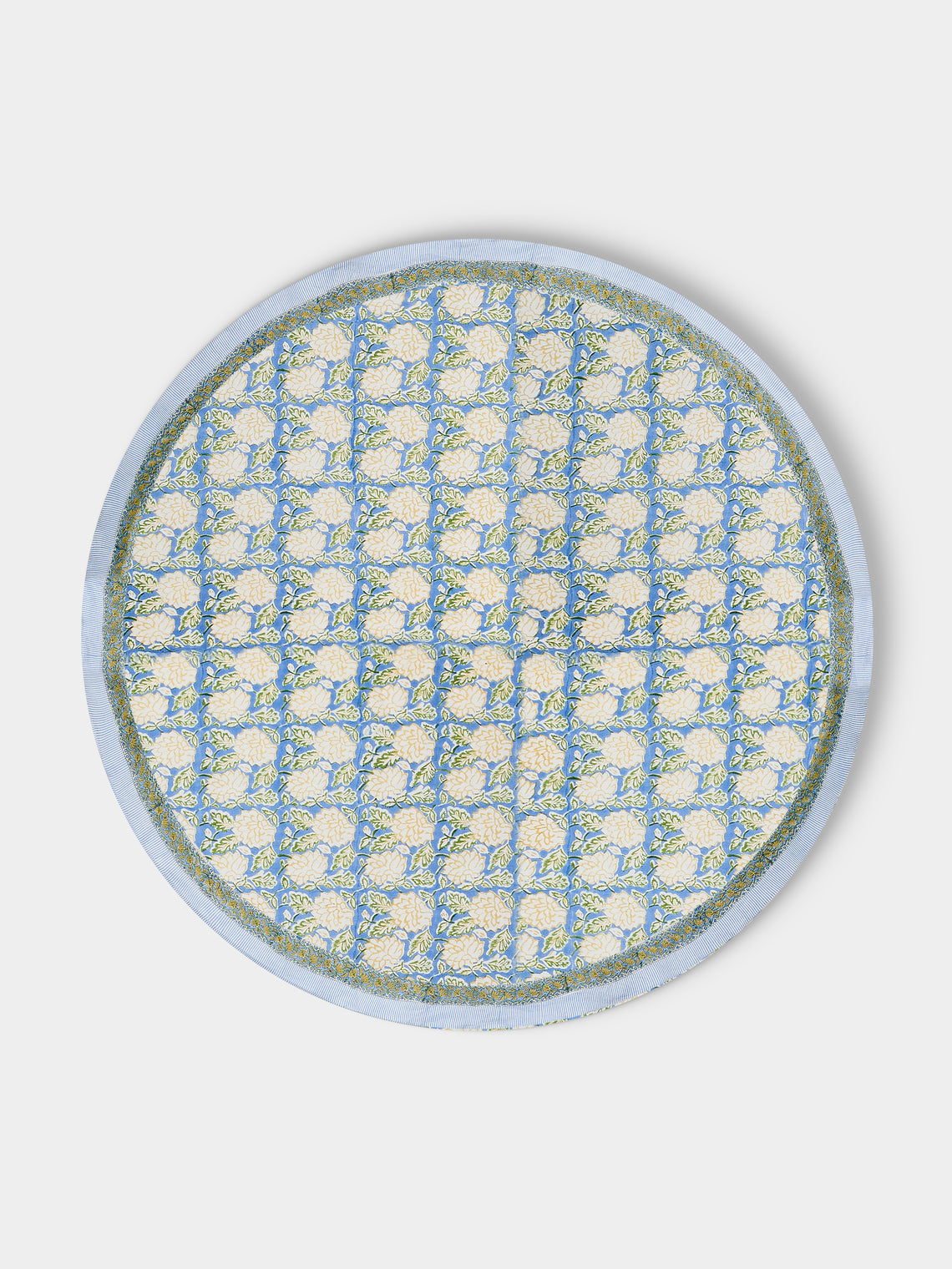 Chamois - Dahlia Block-Printed Linen Round Tablecloth (86.5in/2.2m) - Blue - ABASK - 