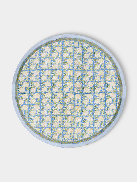 Chamois - Dahlia Block-Printed Linen Round Tablecloth (86.5in/2.2m) - Blue - ABASK - 