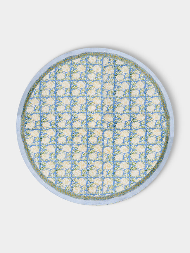 Chamois - Dahlia Block-Printed Linen Round Tablecloth (86.5in/2.2m) - Blue - ABASK - 