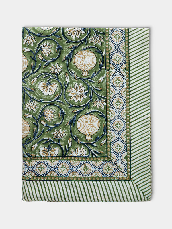 Chamois - Tangier Pomegranate Block-Printed Cotton Rectangular Tablecloth - Green - ABASK - 