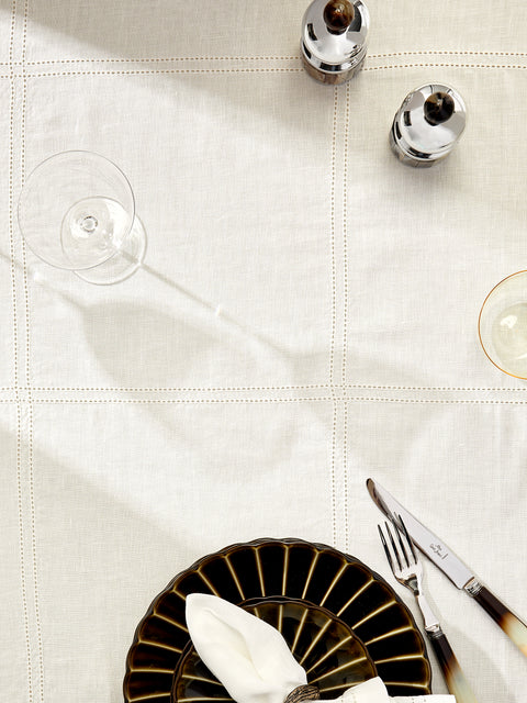 Volga Linen - Double Hem-Stitch Linen Check Round Tablecloth (86.5in/2.2m) - Ivory - ABASK