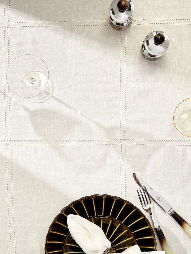 Volga Linen - Double Hem-Stitch Linen Check Round Tablecloth (86.5in/2.2m) - Ivory - ABASK