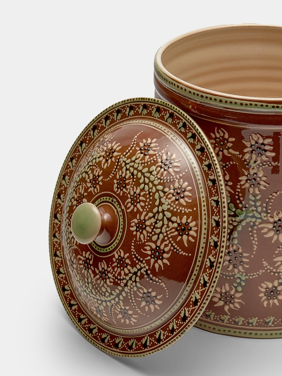 Poterie d’Évires - Flowers Hand-Painted Ceramic Large Lidded Pot - Light brown - ABASK