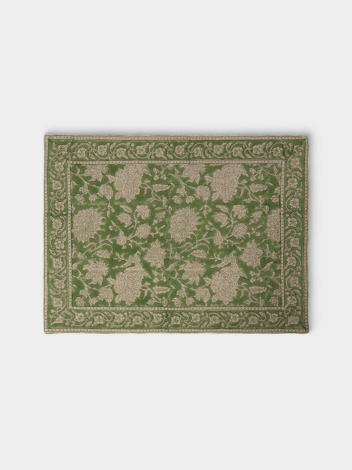 Chamois - | Set of 2 | Indian Rose Block-Printed Linen Placemats - Green - ABASK
