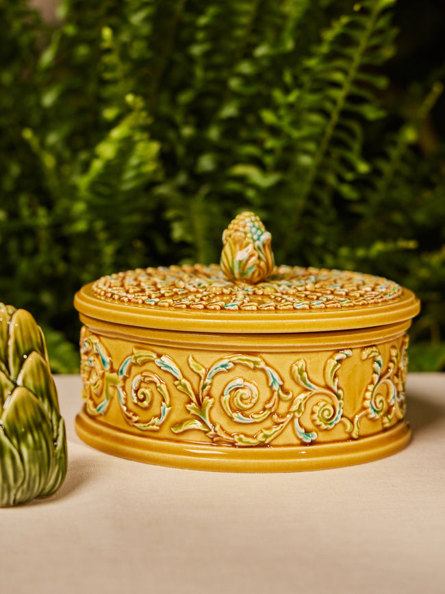 Verdolini - Foliage Hand-Painted Majolica Ceramic Bonbonnière - Yellow - ABASK