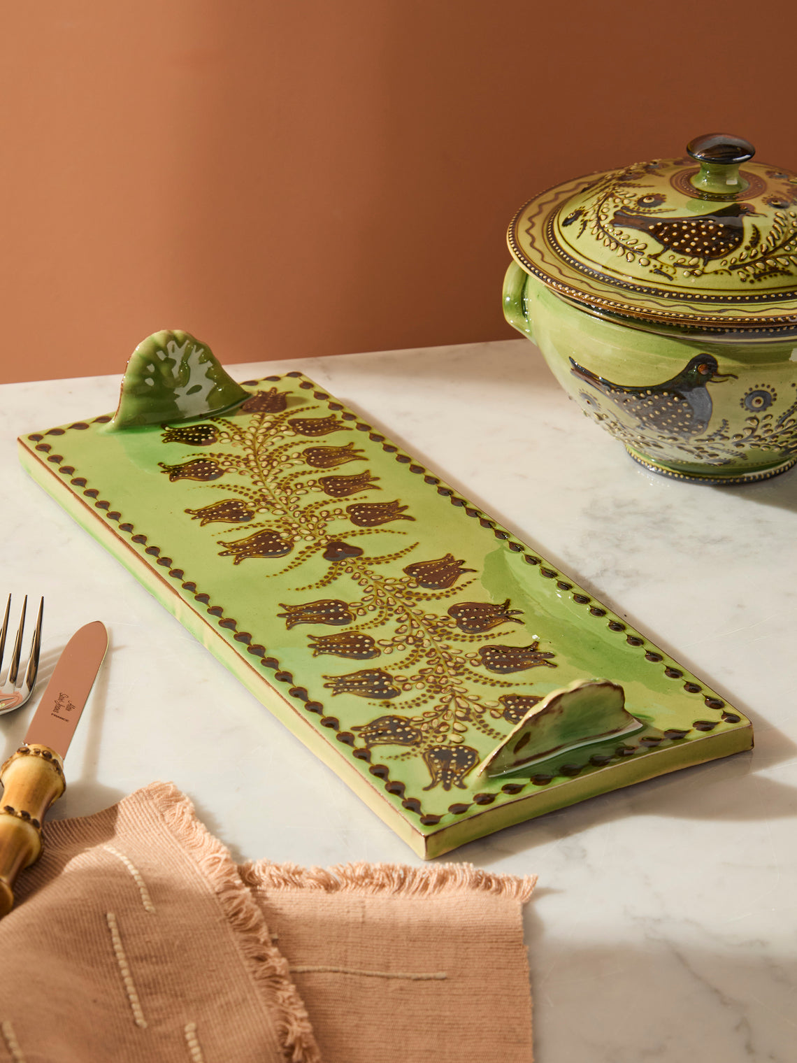 Poterie d’Évires - Flowers Hand-Painted Ceramic Cheese Platter - Green - ABASK