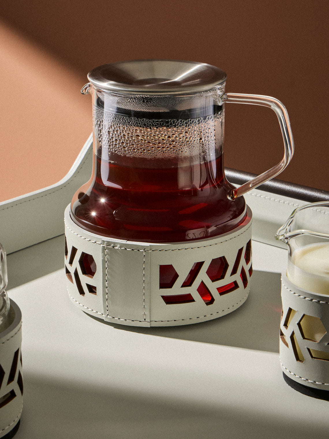 RUDI - Messina Glass and Leather Teapot - White - ABASK