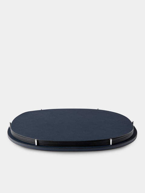 Giobagnara - David Leather Oval Reversible Placemats with Holder (Set of 6) - Blue - ABASK - 