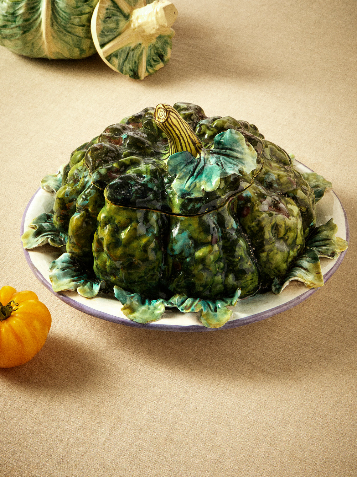 Antique and Vintage - 1940s Ginori 1735 Majolica Ceramic Squash Serving Tureen - Green - ABASK