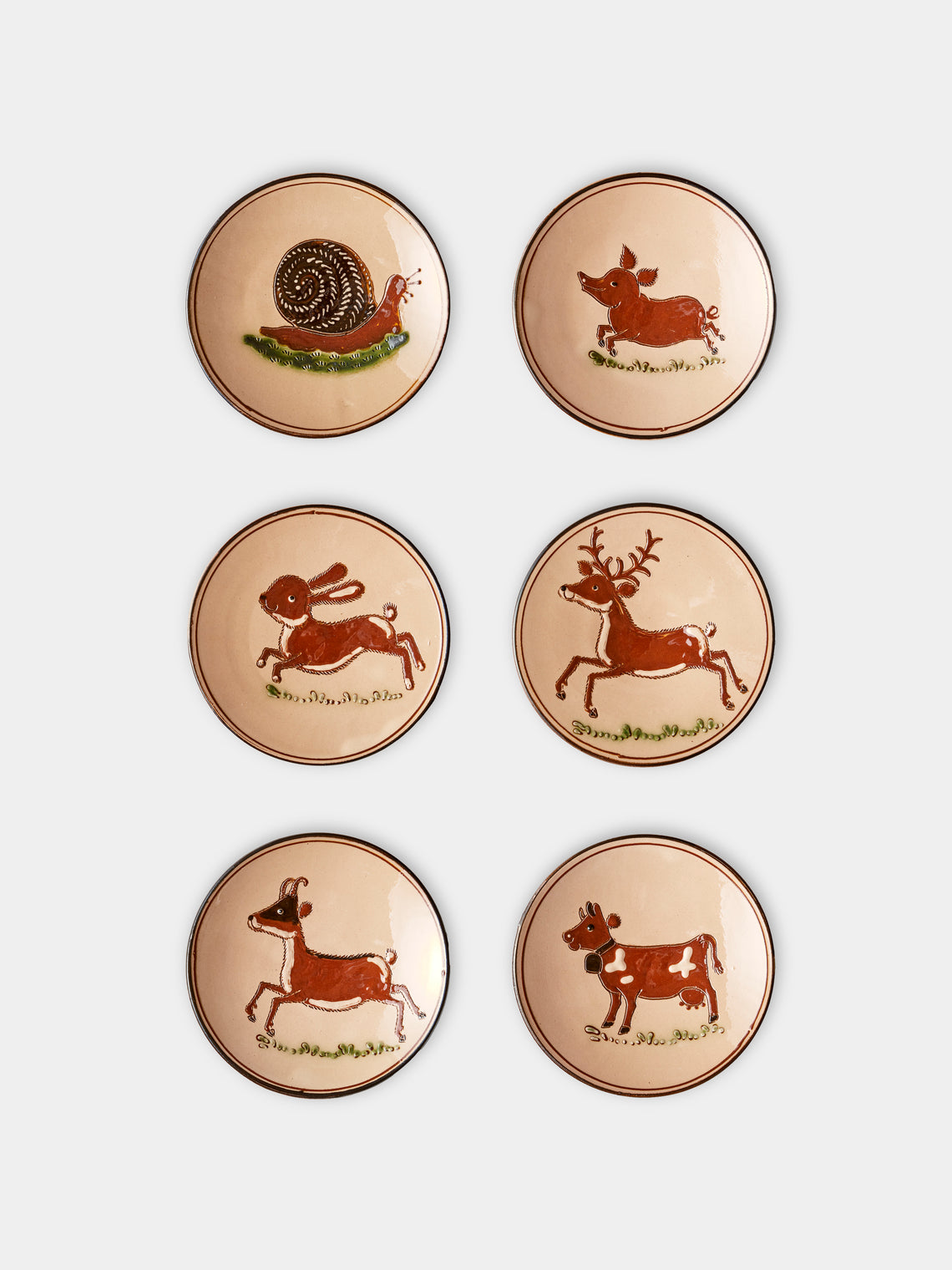 Poterie d’Évires - Animals Hand-Painted Ceramic Small Raised Plates (Set of 6) - Cream - ABASK