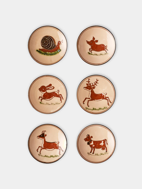 Poterie d’Évires - Animals Hand-Painted Ceramic Small Raised Plates (Set of 6) - Cream - ABASK