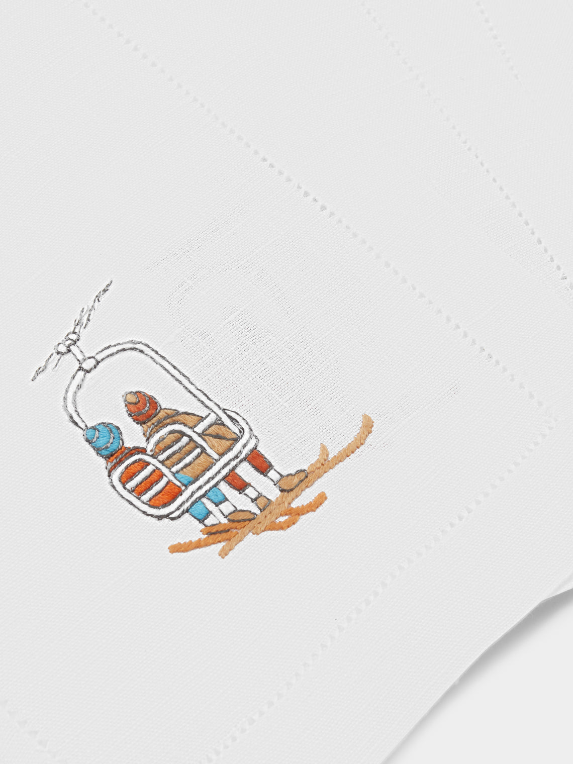ERI Textiles - | Set of 6 | Up We Go Skiing Hand-Embroidered Linen Cocktail Napkins - White - ABASK