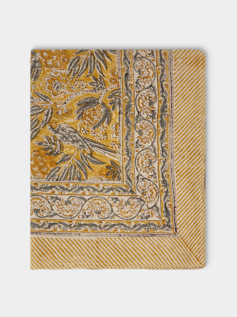 Chamois - Parrot Block-Printed Linen Rectangular Tablecloth (138in/3.5m) - Multiple - ABASK - 