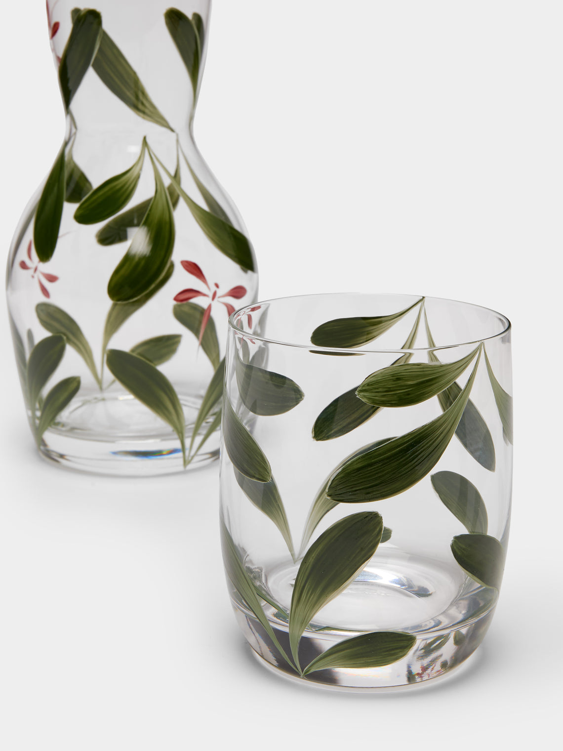 Los Vasos de Agua Clara - Dragonfly Hand-Painted Crystal Carafe and Tumbler - Green - ABASK