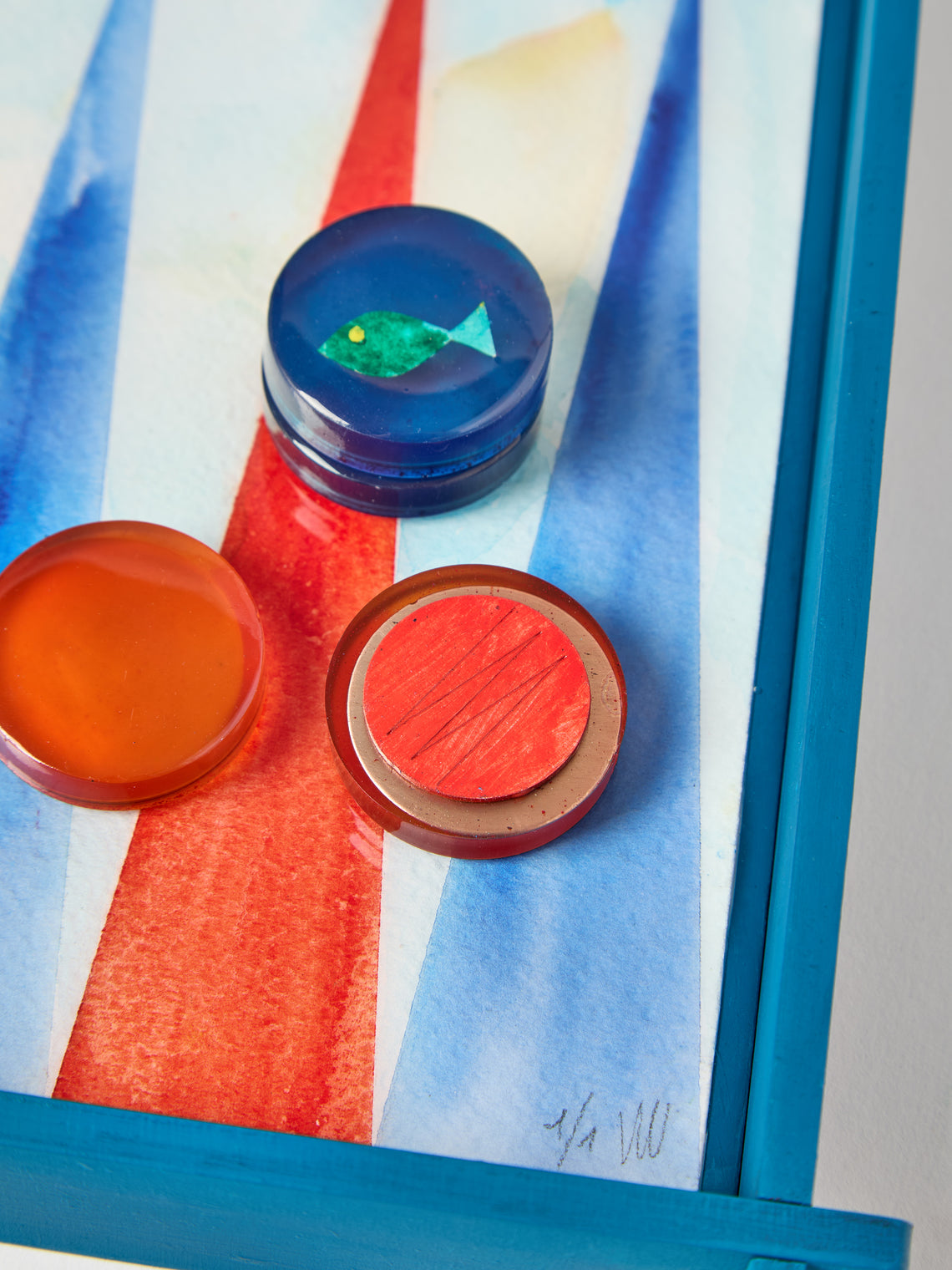 Valeria Molinari - Water Hand-Painted Watercolor Wood Backgammon Set - Blue - ABASK