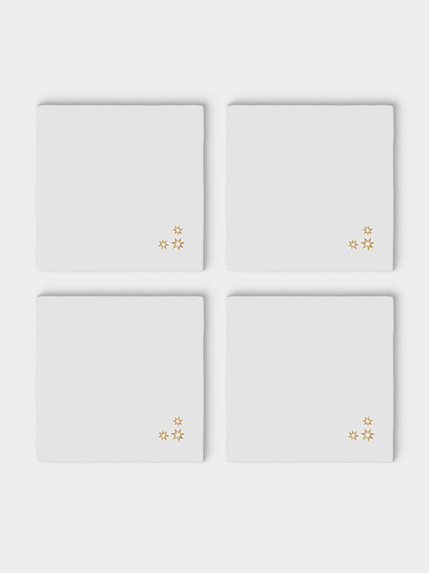 ERI Textiles - | Set of 4 | Gold Stars Hand-Embroidered Linen Napkins - White - ABASK - 