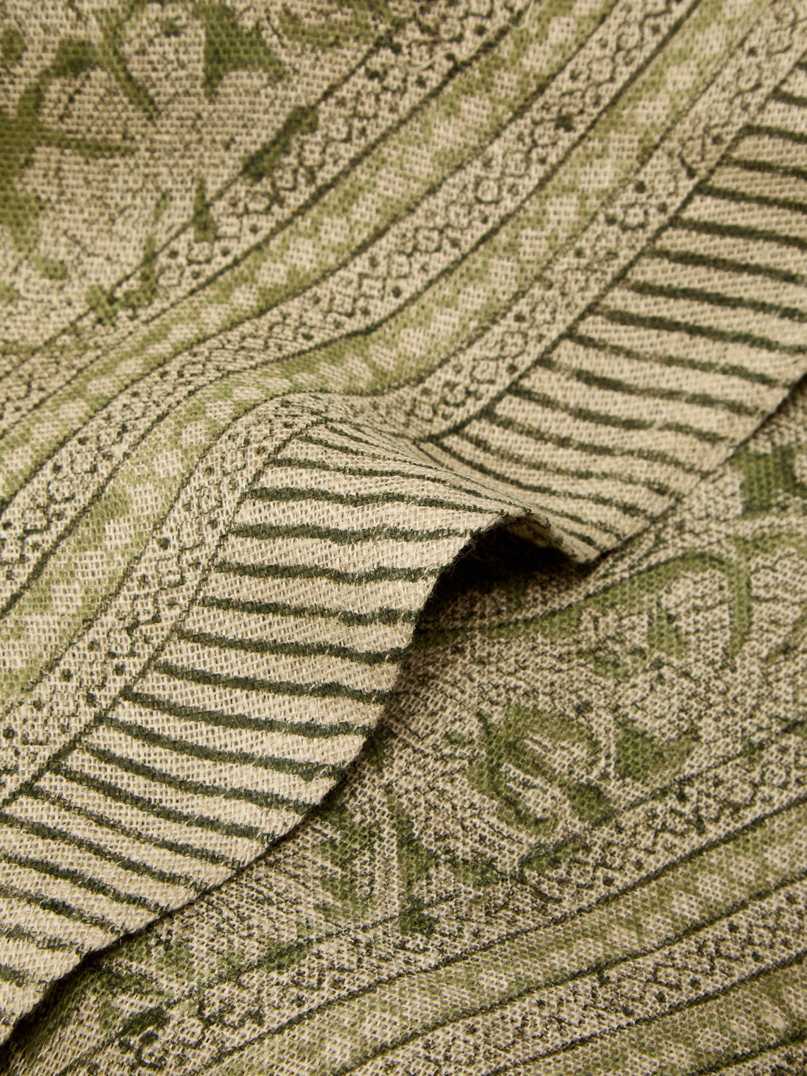 Chamois - Big Paisley Block-Printed Linen Round Tablecloth (86.5in/2.2m) - Green - ABASK