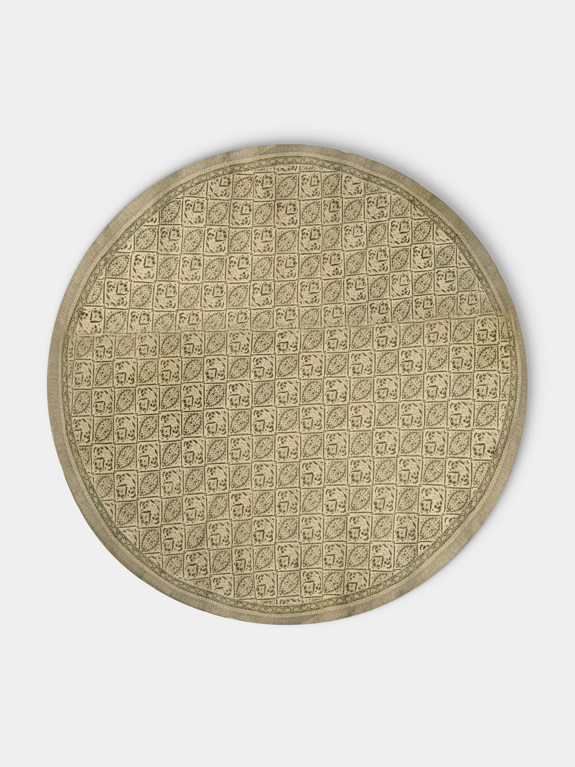 Chamois - Jaipur Block-Printed Linen Round Tablecloth (86.5in/2.2m) - Green - ABASK