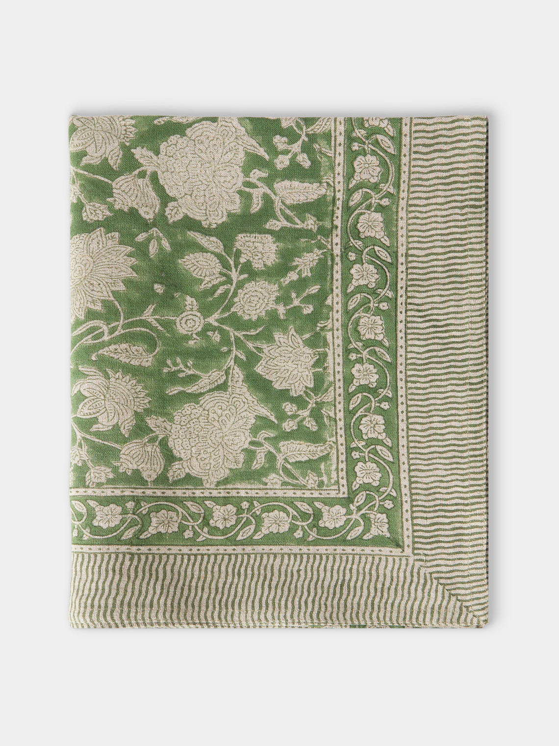 Chamois - Indian Rose Block-Printed Linen Rectangular Tablecloth (90.5in/2.3m) - Green - ABASK - 