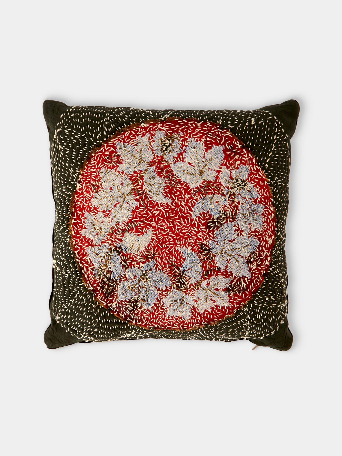 By Walid - 19th-Century Victorian Beaded and Needlepoint Wool and Silk Damask Cushion (15.5in/40cm) - Multiple - ABASK - 