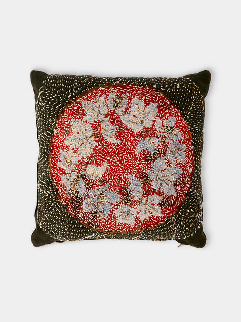 By Walid - 19th-Century Victorian Beaded and Needlepoint Wool and Silk Damask Cushion (15.5in/40cm) - Multiple - ABASK - 