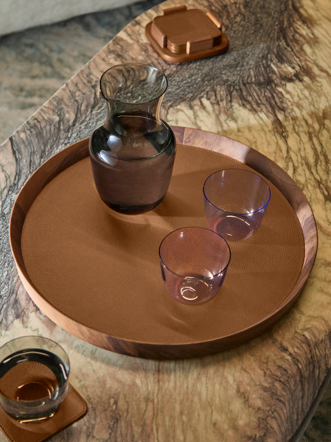Giobagnara x Poltrona Frau - Walnut and Leather Round Tray (16.5in/42cm) - Tan - ABASK
