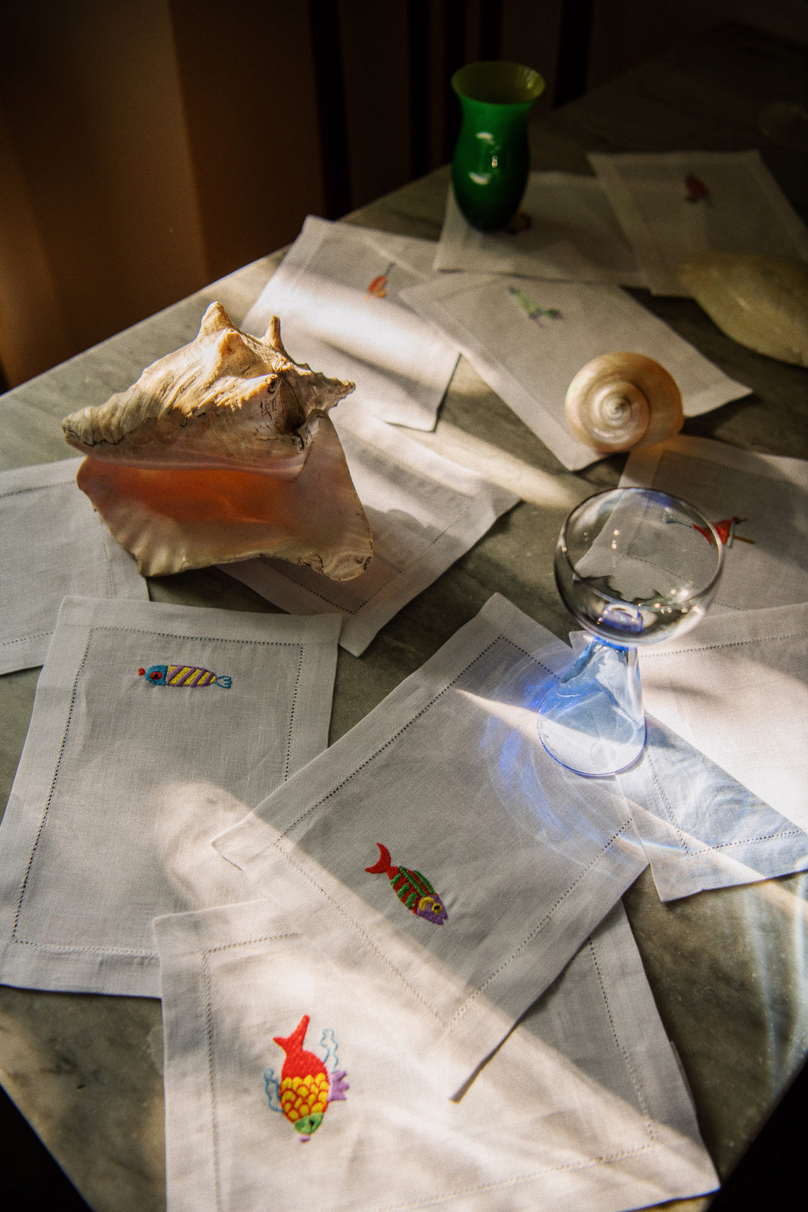 Loretta Caponi - Mendini Fish Hand-Embroidered Linen Cocktail Napkins (Set of 6) - White - ABASK