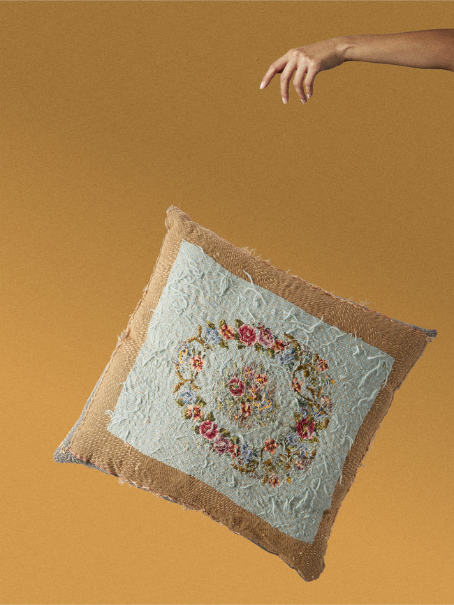 By Walid - 1930s Needlepoint Wool, Linen and Damask Cushion (27.5in/70cm) - Multiple - ABASK