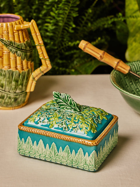 Verdolini - Leaves Hand-Painted Majolica Ceramic Box - Blue - ABASK