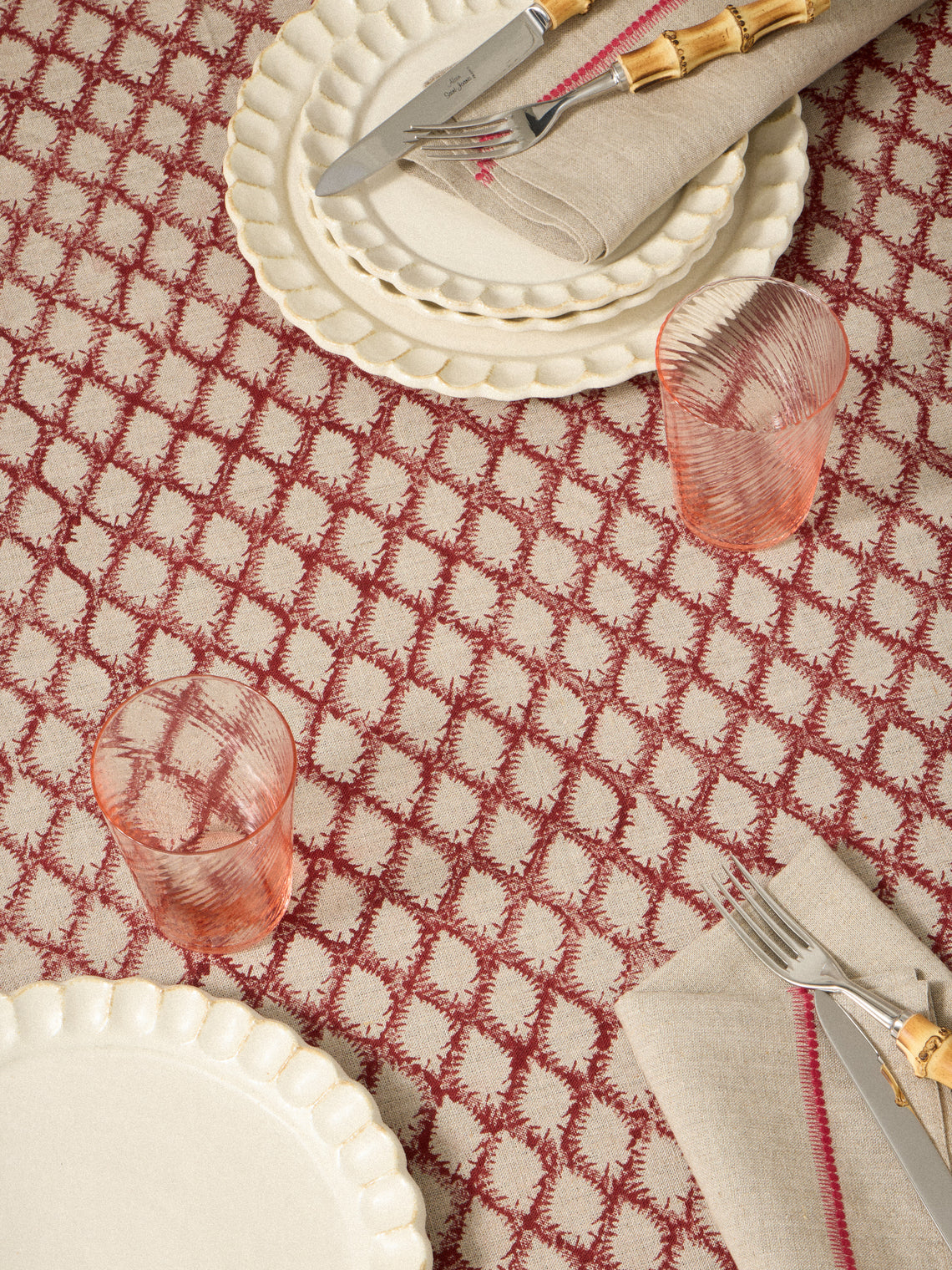 Chamois - Cypress Block-Printed Linen Rectangular Tablecloth (138in/3.5m) - Multiple - ABASK